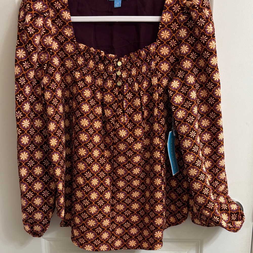 Draper James Burgundy and Yellow Patterned , Lined Long Sleeve Blouse